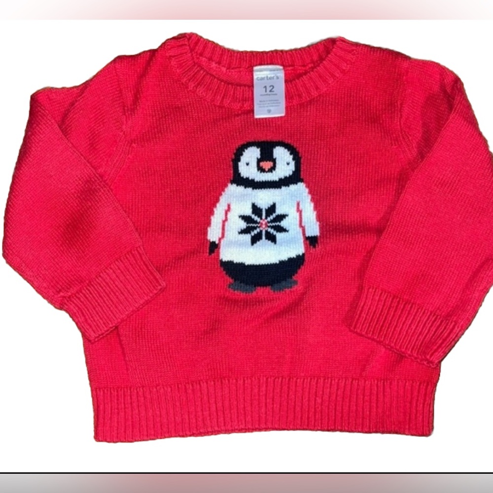 Red White and black penguin sweater 12 months long sleeve Christmas sweater
